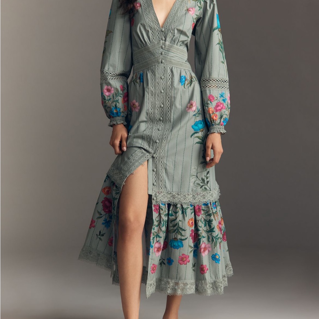 Nwt Anthropologie Sage Green Floral Embroidered Midi Dress